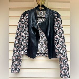 High end designer motto jacket:faux leather inserts in unique embroidered body M